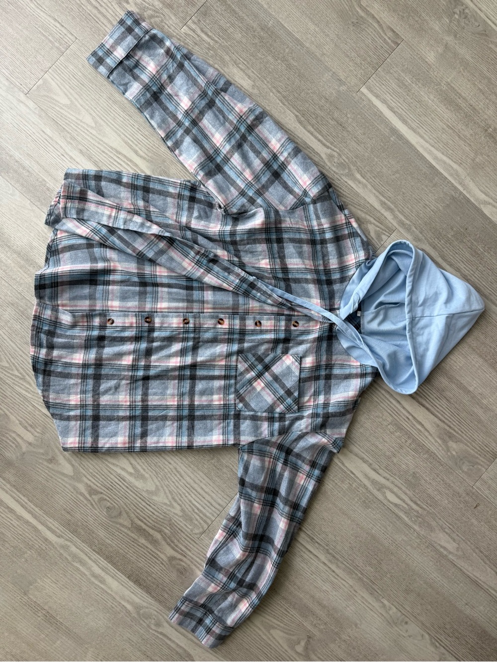 Plaid Hooded Button-Up Shirt Jacket - Gray & Light Blue